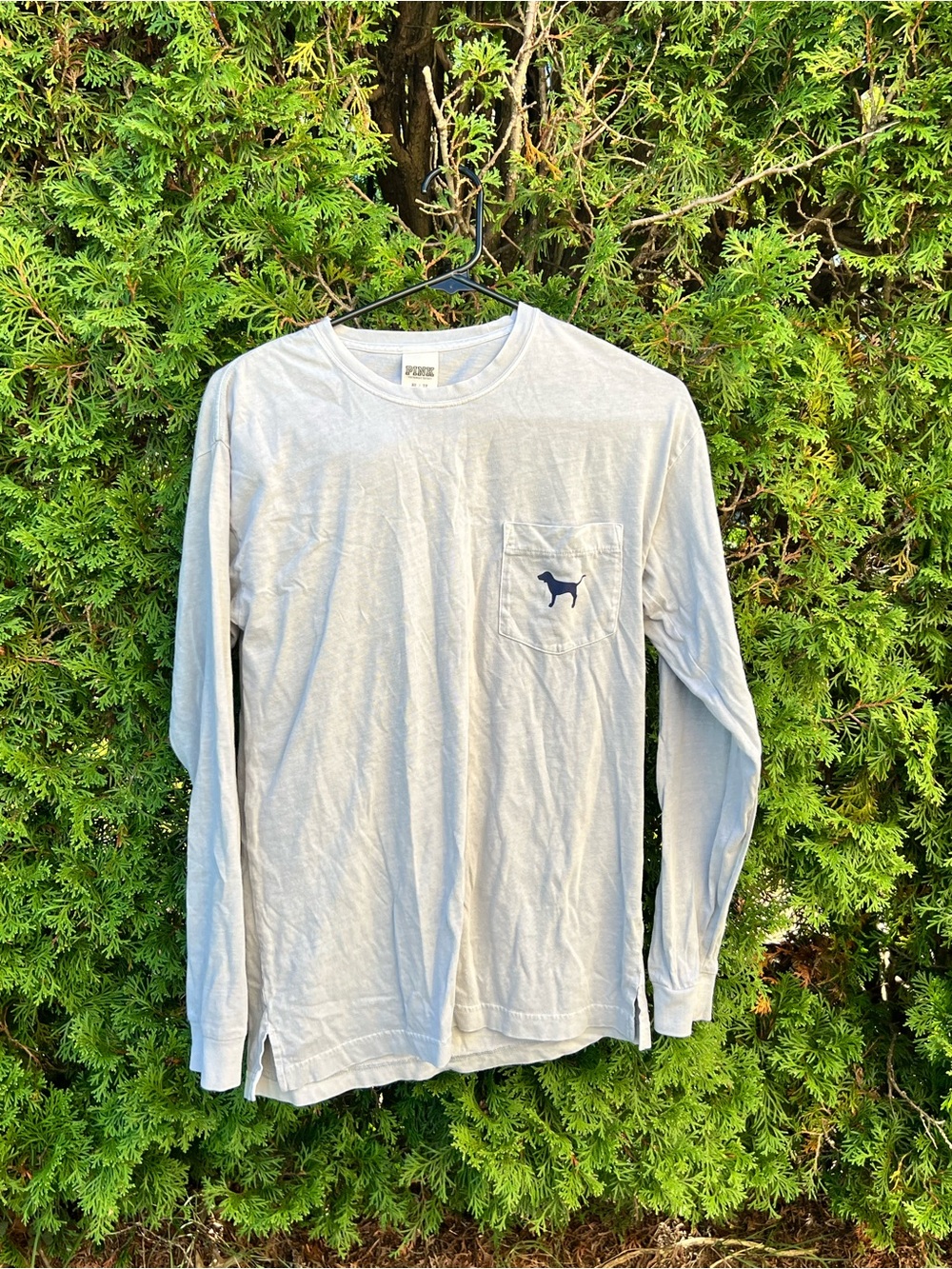 PINK Victoria's Secret Light Gray Long Sleeve Pocket Tee with Navy Dog Logo